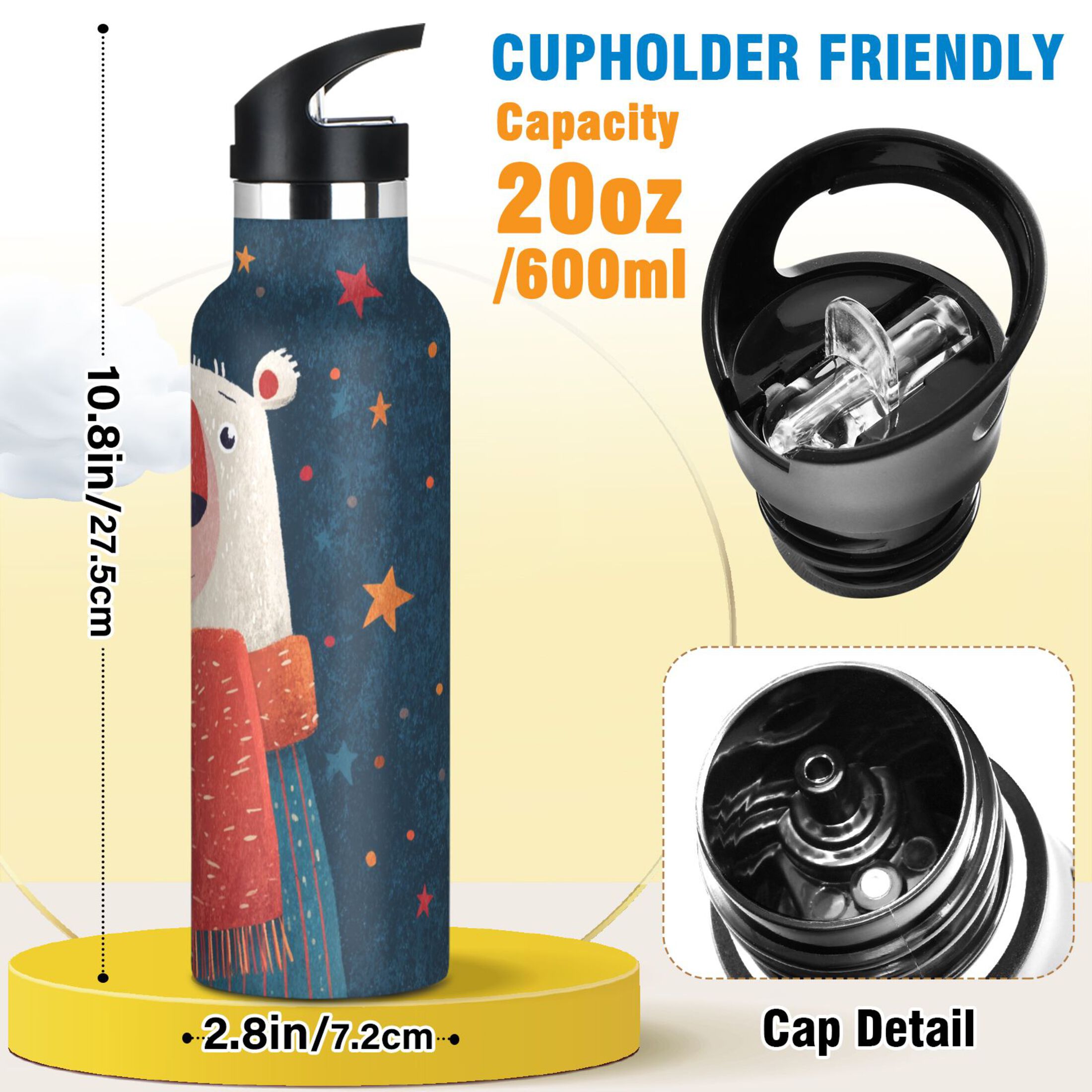 600ML Stainless Steel Insulated Cup Sports Water Bottle Portable Thermos Cup Water Glasses Insulated Tumblers Convenient and Durable Cartoon Christmas White Bear