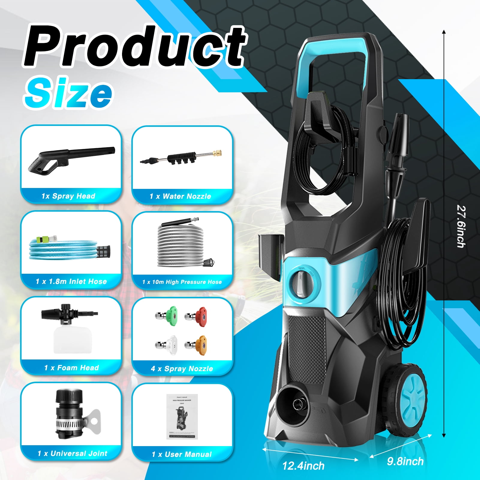 TEBRU Electric Pressure Washer, 3000PSI Max 2.4 GPM Power Washer with 32 ft Hose, 4 Quick Connect Nozzles, Foam Cannon, Suitable for Clean Cars, Patios, Driveways, Fences, Pool