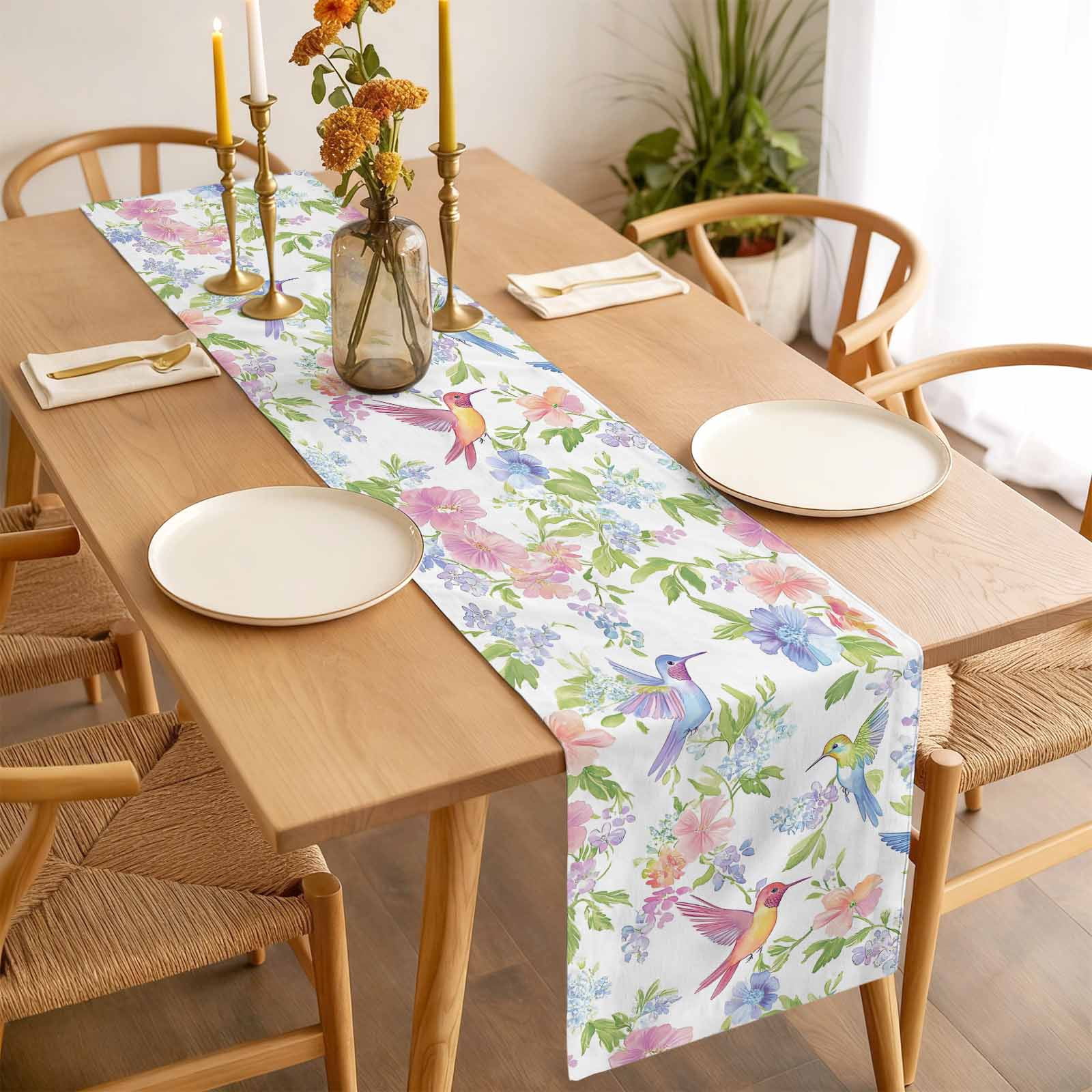 Spring Hummingbird Cotton Linen Table Runner Colorful Birds Dining Table Runners for Home Decor Party Dining Room Restaurant Kitchen 13" x 120"
