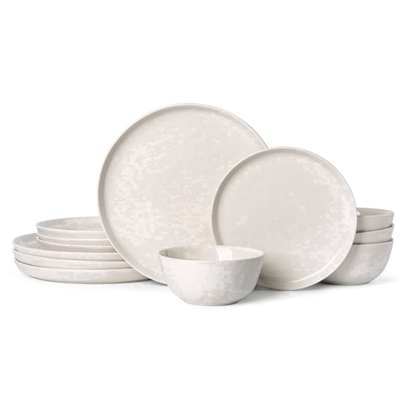 12-Piece White Reactive Glaze Stoneware Dinnerware Set, Service for 4, Handcrafted Textured Plates & Bowls for Kitchen Dining