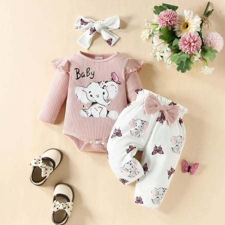 

Bjutir Cute Toddler Baby Bodysuits Set Girls Long Sleeve Ribbed Cartoon Prints Romper Bodysuit Pants Headbands Outfits For 3 Months