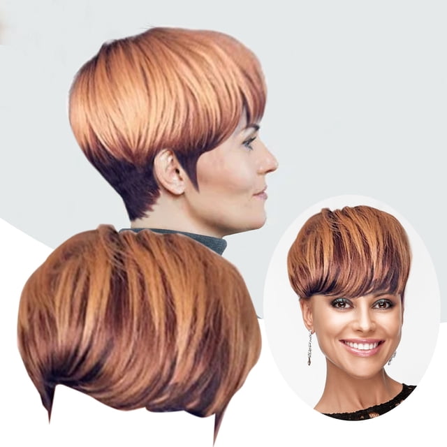 BKER Bouton Perruque Femme Noire Dégradée Brune Réaliste Courte Droite