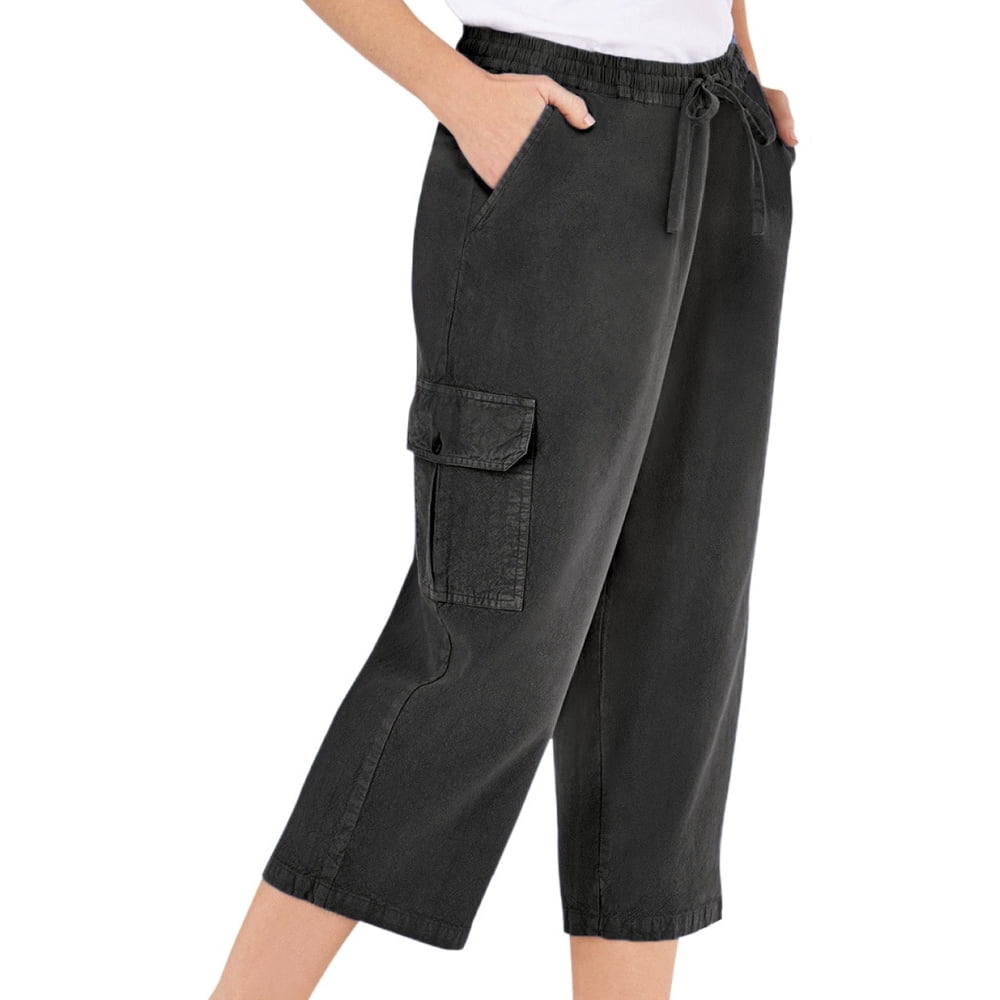 Collections Etc. Women's Elastic Waist Cargo Pocket Capri Pant, Black