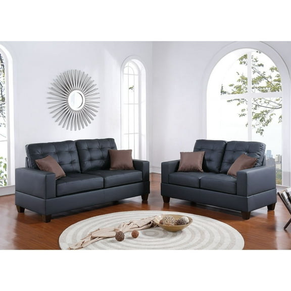 Maykoosh Rustic Revival Furniture 2 Piece Faux Leather Sofa and Loveseat Set in Black Color