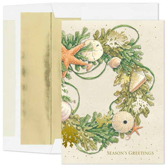 Masterpiece Studios Warmest Wishes 16-Count Boxed Christmas Cards With Foil-Lined Envelopes, 7.8" x 5.6", Shell Wreath (965000)