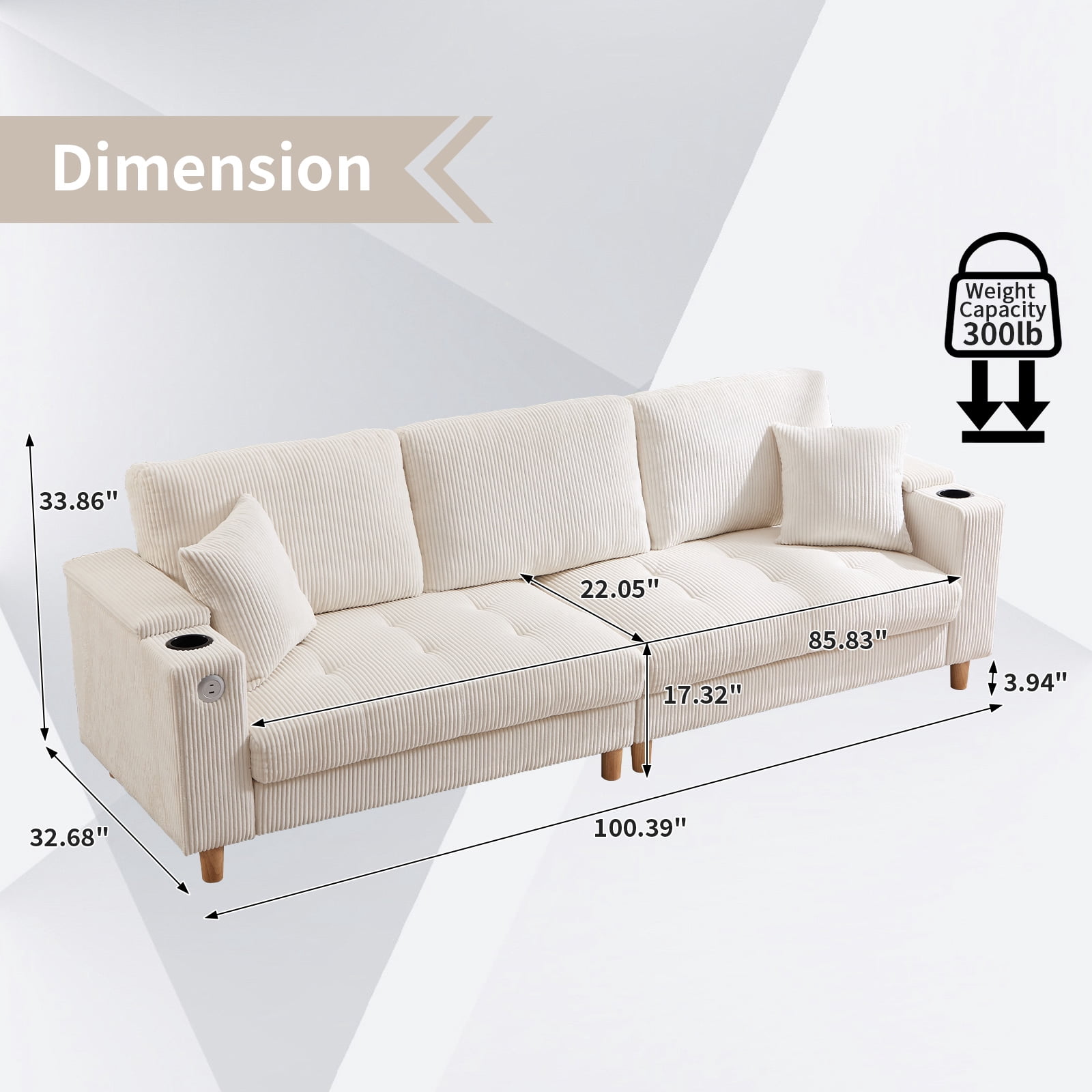 Bonzy Home 100 inch Modern Corduroy 3-Seater Sofa, Oversized Comfy Couch with USB Charging Port, Hidden Storage, Overstuffed Backrest & Throw Pillows, White