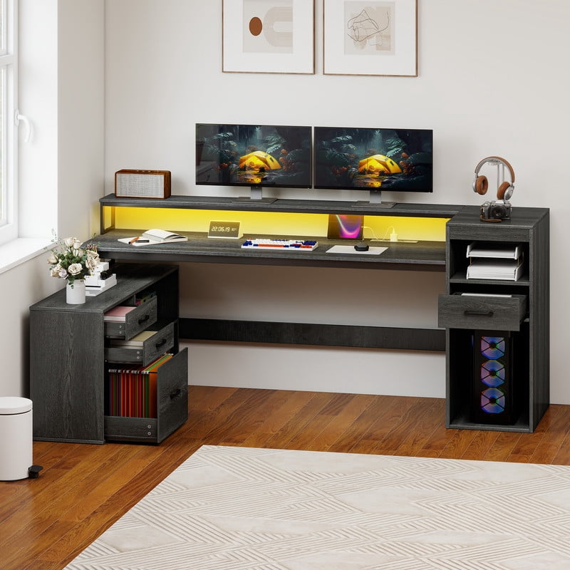 Uforic L Shaped Computer Desk, 59" Gaming Table with Power Outlet & LED Light & Monitor Stand for Home Office,Gray