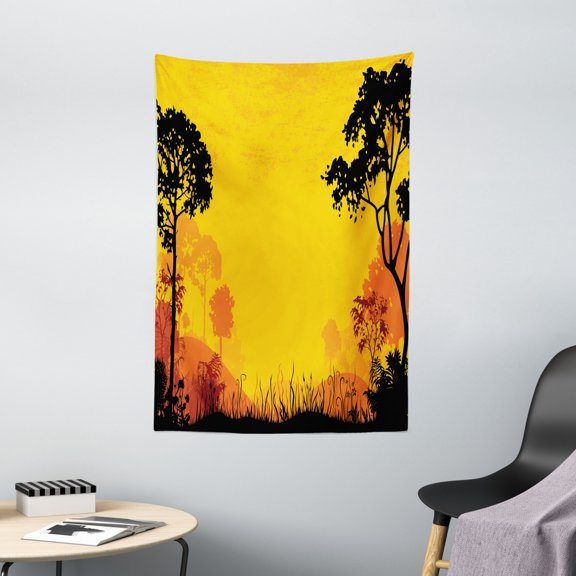 Woodland Tapestry, Woodland at Sunset Silhouette of Hills Forest Trees Grass Landscape Nature Art, Wall Hanging for Bedroom Living Room Dorm Decor, 40W X 60L Inches, Yellow Black, by Ambesonne