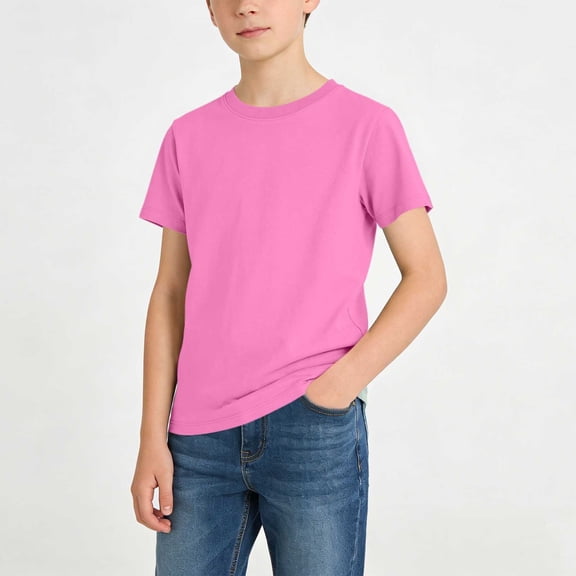 Avrnliq Boys' Cotton T-Shirt Crew Neck Short Sleeve Solid Hot Pink Basic Tee for Kids Boys 1Y-15Y Casual Daily Wear Top,Size 5-6 T