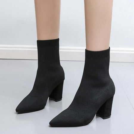 

ertutuyi fashion autumn and winter women ankle boots thick heel mid heel pointed mesh sock boots breathable and comfortable cover solid color black 37