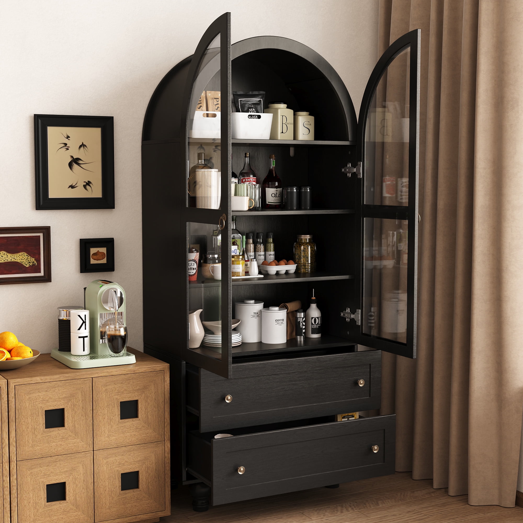 Arched Kitchen Pantry Cabinet & Display Cabinet with Glass Doors, 4 Shelves, 2 Drawers, Solid Wood Legs, 71 inches in Height, Suitable for Kitchen, Bedroom and Living Room, for Easy Storage