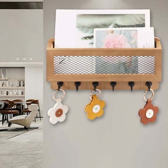 Wood Mail and Key Holder for Wall Decorative Key and Mail Holder Wall Mount with 6 Metal Hooks for Entryway Hallway and Home Decor