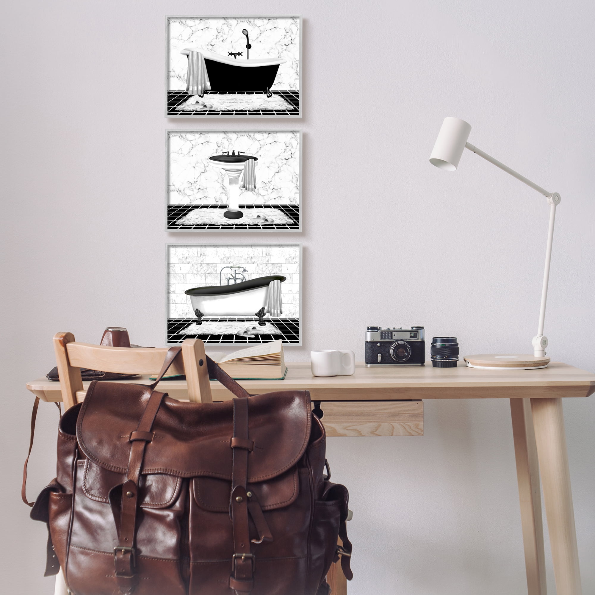 Stupell Industries Modern Marble Bathroom Typography Painting Gray Framed Art Print Wall Art, 14 x 11, Set of 3
