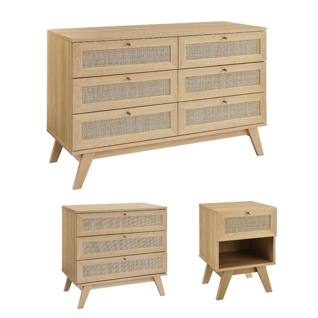 Pemberly Row Ensemble de 3 - Table de Chevet et 2 Commodes, Fini Chêne