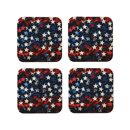 

Coasters Set of 4 - Red Blue White Stars Drink Coasters for Tabletop Protection Leather Coasters for Living Room Decor and Housewarming Gift Square