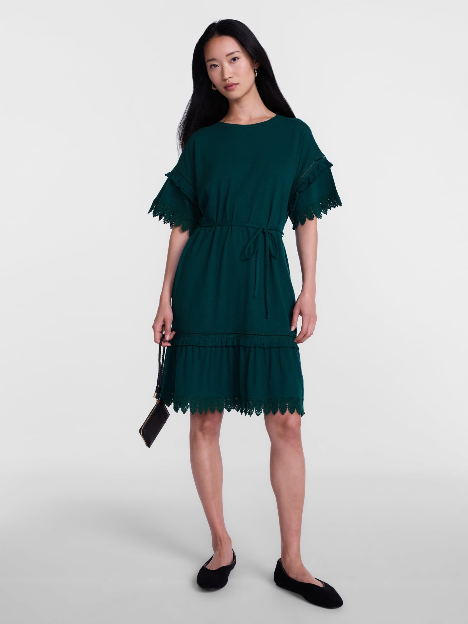 Scenario Women's Lace Trim Knit Dress with Short Sleeves, Sizes XS-XXXL