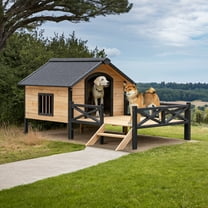 Demi Bonn 66" Large Dog House for Outdoor, Wooden Dog Kennel with Porch for Indoor Pet Living, Weatherproof Cat House, Beige