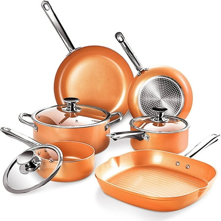 

and Pans Set Nonstick Cookware Set with Stainless Steel Handles Frying Pan Set Grill Pan Stock Pot Sauce Pan with Lid Gas Induction Compatible Oven Safe Copper