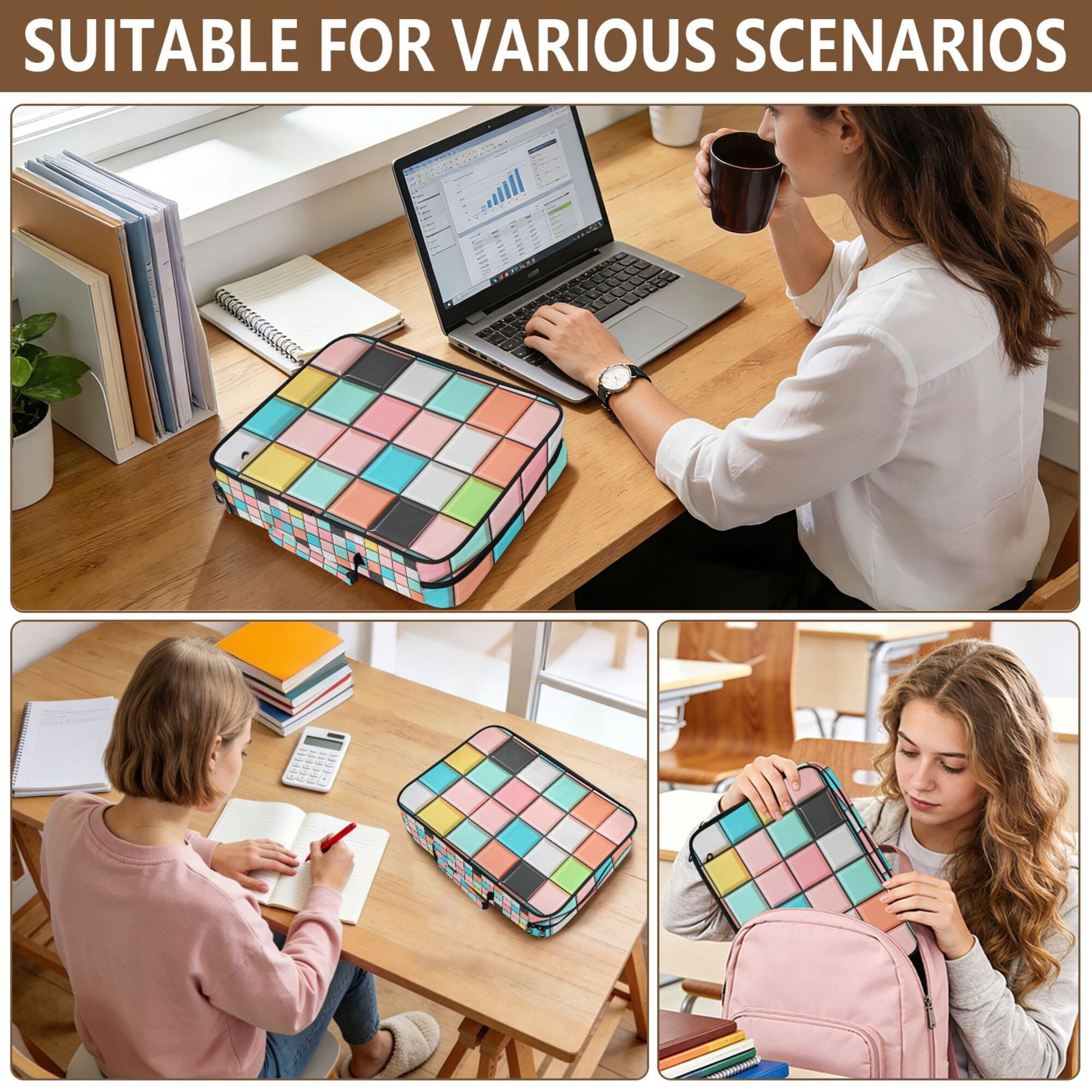 FORMRS Accordion File Folder A4 Size 7-Pocket Expanding Document Organizer Bag with 3 Ring Binder, Colorful Checkered Pattern