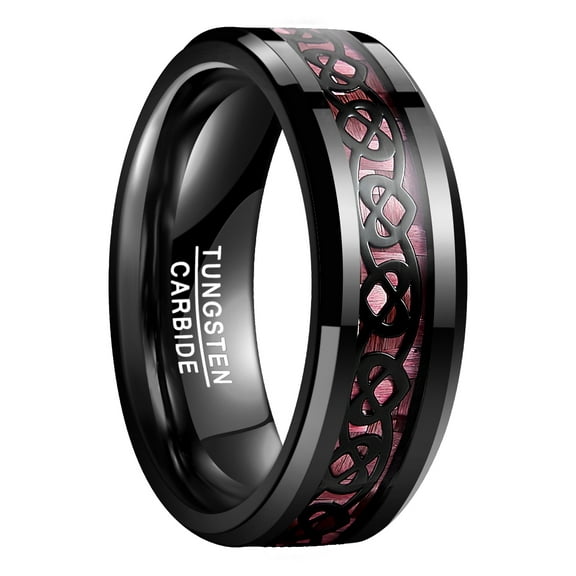 8mm Pink Carbon Fiber Black Celtic Heart Knot Tungsten Carbide Ring Size 7 to 12