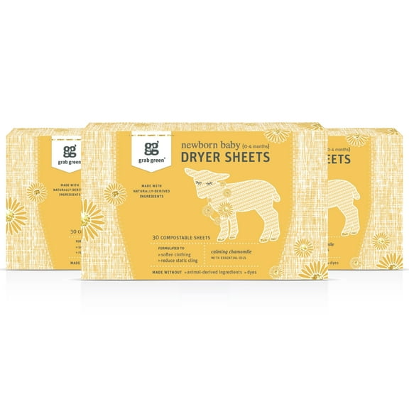 Grab Green Natural Newborn Baby Laundry Dryer Sheets-with Essential Oils, Calming Chamomile, 3 Count
