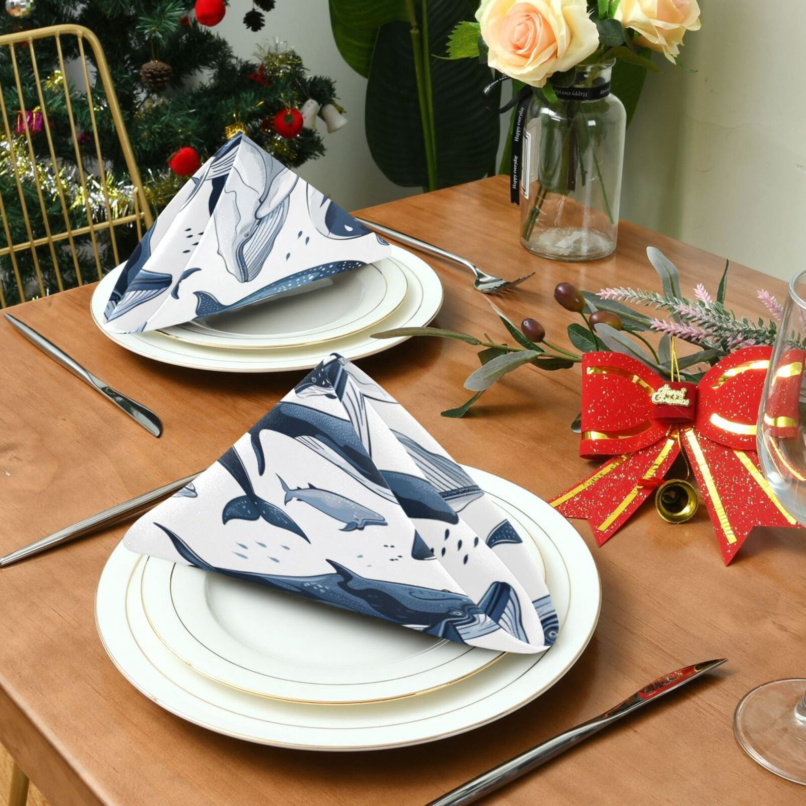 JSTEL Whale Print Cloth Napkins Set of 6, 20x20 Inch Washable and Reusable Napkin for Decoupage Dinner Party Everyday Use