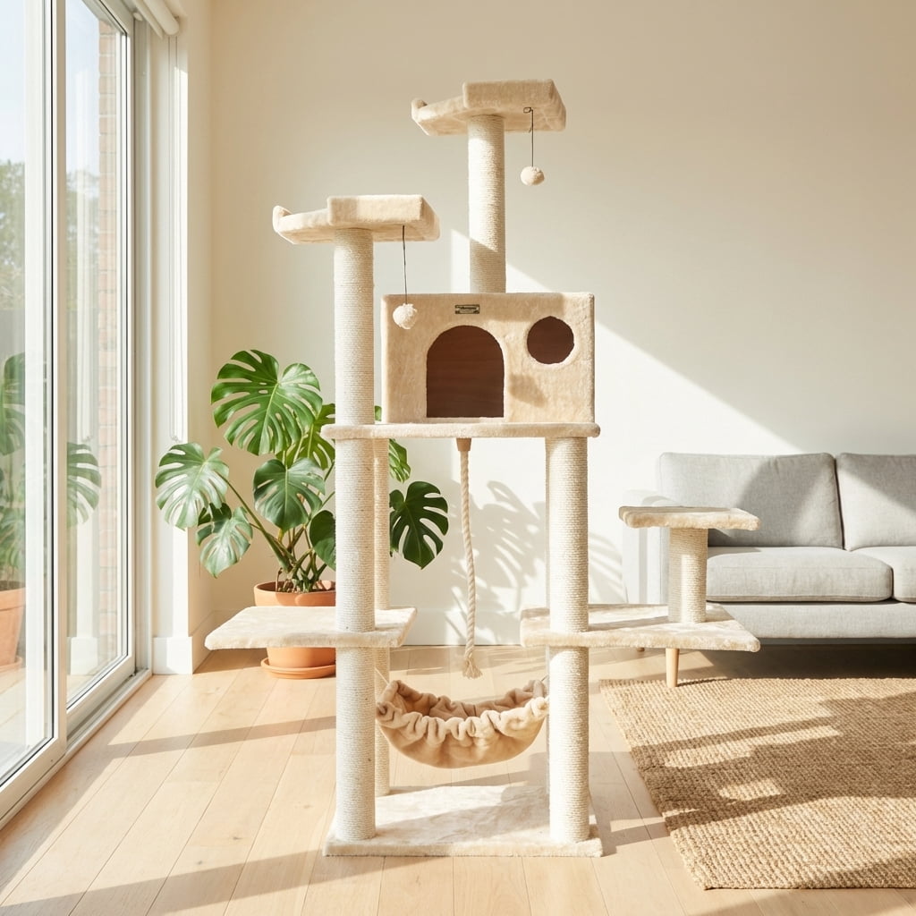 Cat Tree Tower with Plush Condo, Hammock, Sisal Scratching Posts, Multiple Perches, Beige, 72" Tall