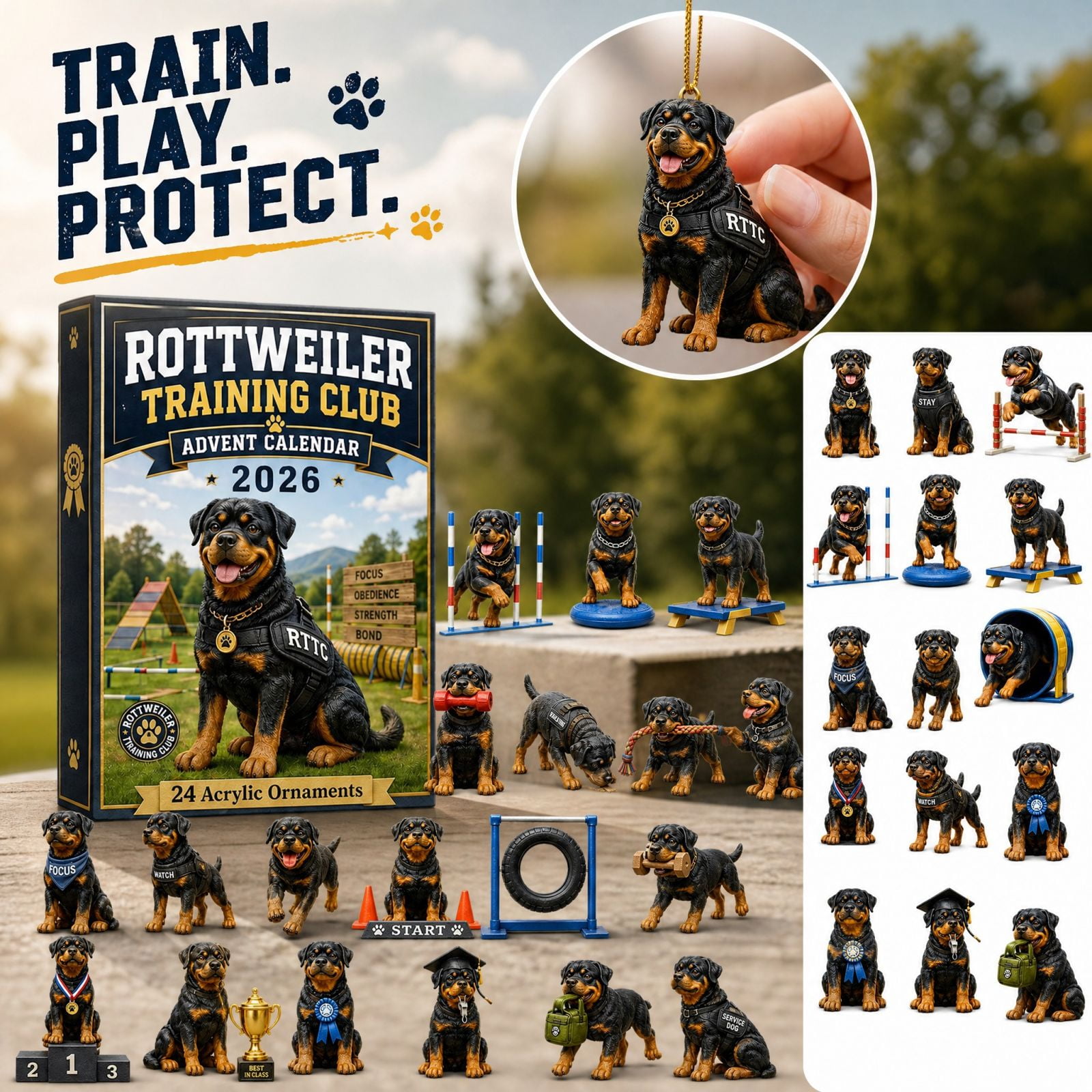 Aximioll Rottweiler Dog Training Christmas Advent Calendar, 24 Daily Door Reveals of Flat Agility and Obedience Ornaments, Holiday Tree Display and Keepsake for Dog Lovers