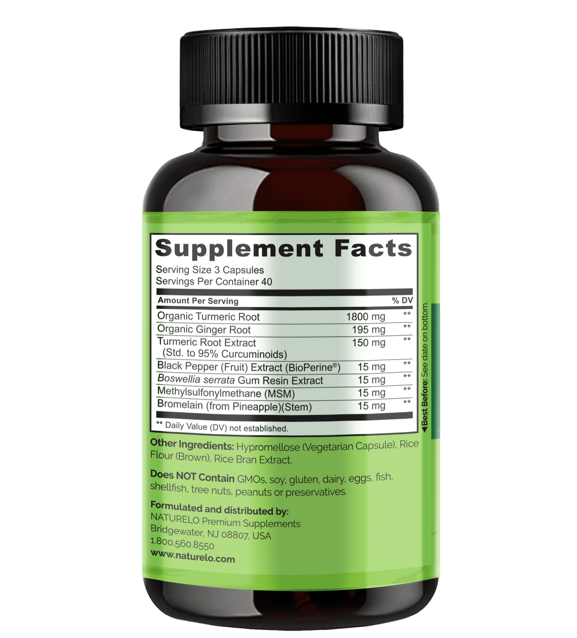 NATURELO Turmeric Curcumin - BioPerine for Better Absorption - Black Pepper, Ginger Root, Curcuminoids - Plant-based Joint Discomfort Support  - 120 Vegan Capsules