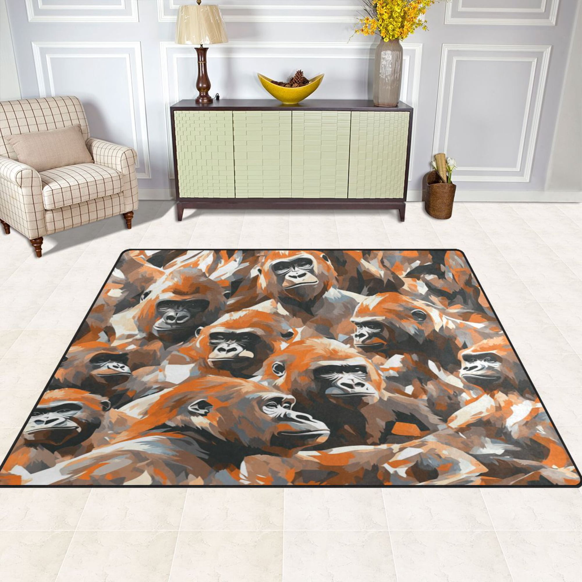 Gorilla Pattern 63''x48'' Plush Memory Foam Bath Mat, Soft, Absorbent, Non Slip, Durable