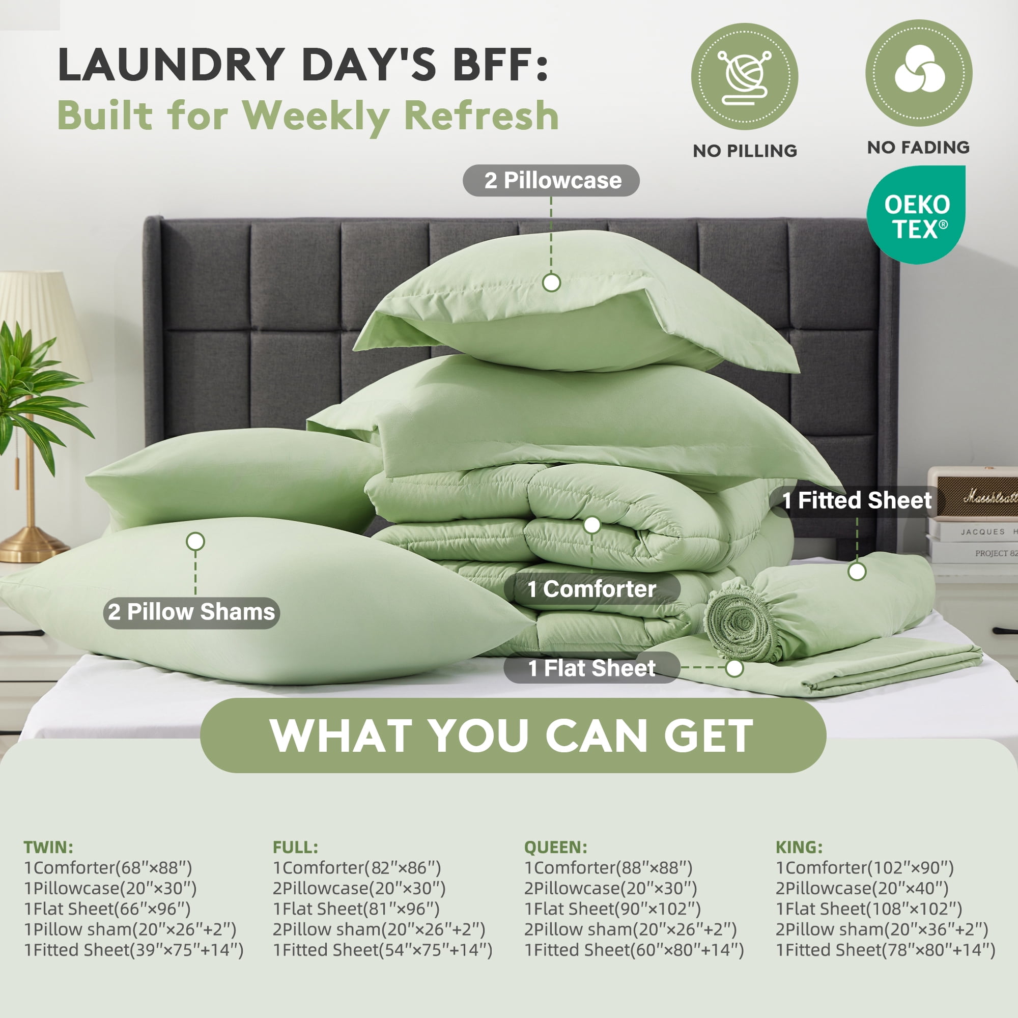 WISHEAD Twin Bed in a Bag Comforter Set with 5 Pieces for Girls and Boys Sage Green All Season Bedding Sets with Comforter, Pillow Sham, Flat Sheet, Fitted Sheet and Pillowcase