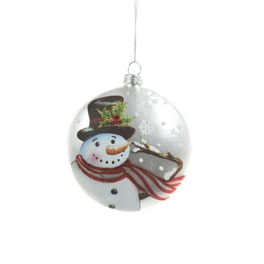 Starlight Collection, Silver Glass Hanging Flat Ball Ornament with Jolly Snowman (Pack of 3)