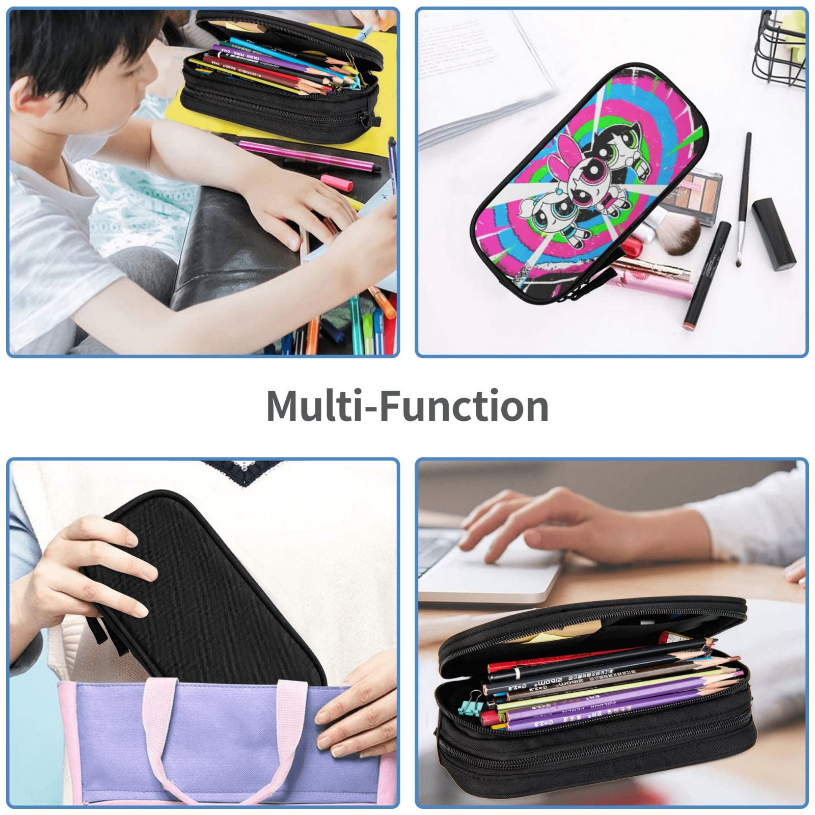 The Powerpuff Gi-rls Pencil Case Large Capacity Pencil Pouch Penbag Office Stationery Organizer Travel Makeup Bag Black