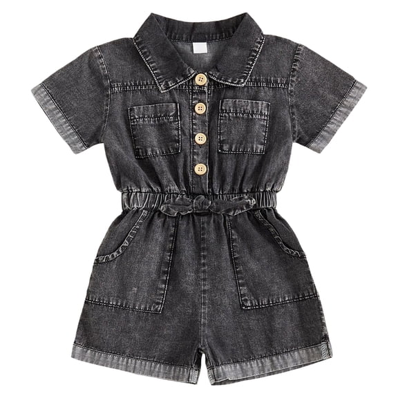 Toddler Jumpsuit Romper Toddler Girls Denim Romper Lapel Collar Button Short Jean Jumpsuit Kids Jeans Rompers with Pockets 6M-3T