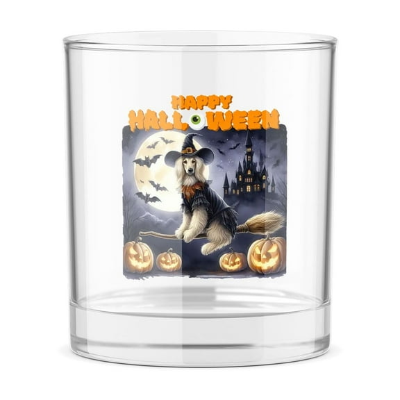 Happy Halloween Afghan Hound Witch Pumpkins Bats 11oz Whiskey Glass Mug Dog Lover Whiskey Cocktail Glasses Cup - 13012