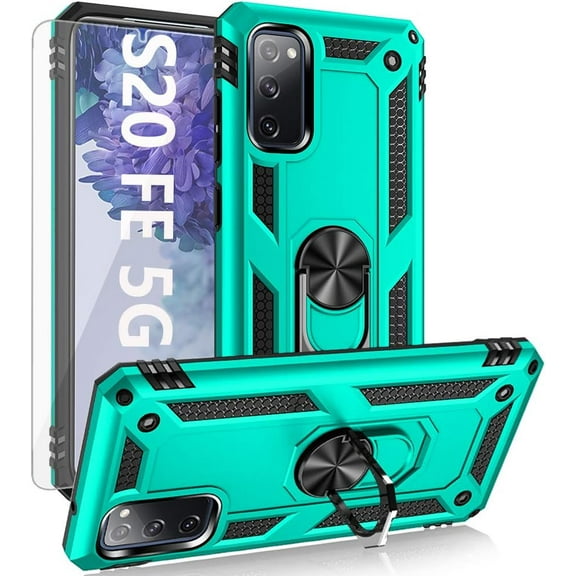 for Galaxy S20 FE case,with HD Screen Protector,[Military Grade] Car Mount Kickstand Hybrid Hard PC Soft TPU Shockproof Protective Case for Samsung Galaxy S20 FE 5G (Teal)