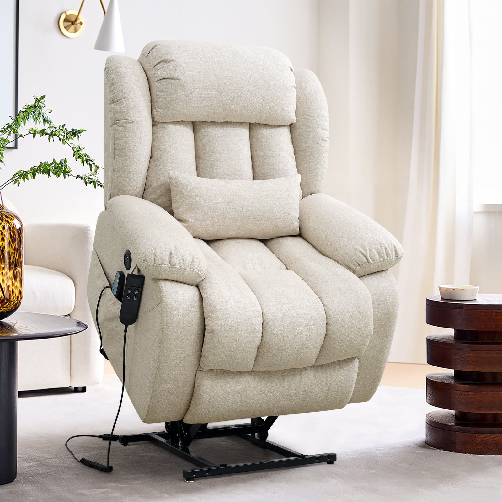 TEKAMON Infinite Position Lift Recliner Chair for Elderly with Heat and Massage Lay Flat Sleeping Power Lift Chair, Linen Fabric, Beige