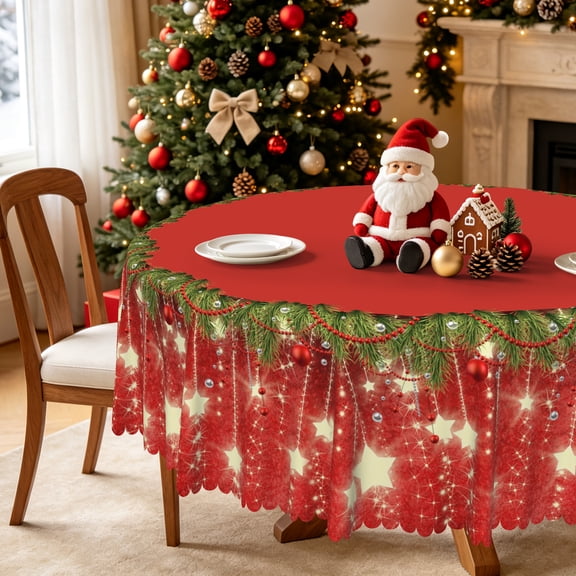 Nanqianyi Red Christmas Round Tablecloth 70 Inch, Golden Shiny Stars Xmas Wreath Decor for Winter Indoor Kitchen Table Cover