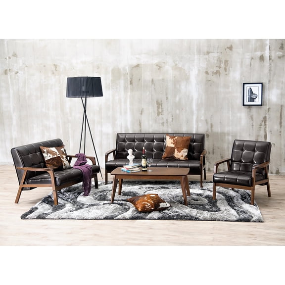 Allora Mid-Century 3-Piece Bonded Leather Sofa Set in Brown