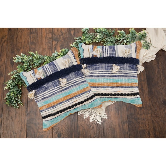 Laddha Home Designs Handwoven Coastal Geometric Striped Square Throw Pillows - 18" - Blue and Tan -