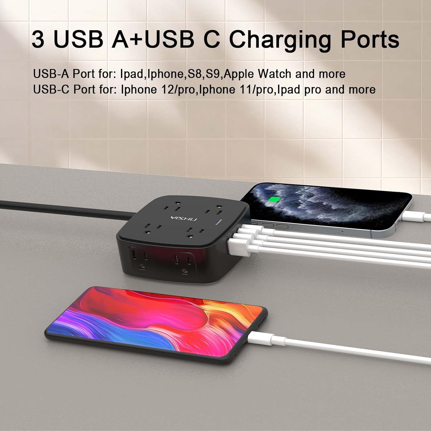 20 Ft Surge Protector Power Strip - 8 Widely Outlets with 4 USB Ports, 3 Side Outlet Extender with 20 Feet Extension Cord, Flat Plug, Wall Mount, Desk USB Charging Station, ETL, Black