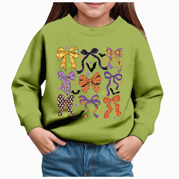 larppty Girls Halloween Fashion Print Pullover Sweatshirt Kids Casual Warm Long Sleeve Top Toddler Cozy Fall Winter Outfit Playdate Holiday Party Apparel (Green,3-4 Years)