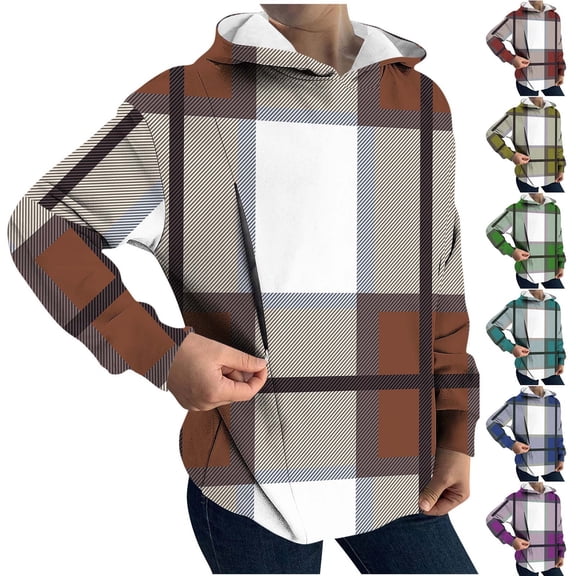 Jsaierl Women's Oversized Plaid Hoodies Sweatshirts Drawstring Kangaroo Pocket Fashion Trendy Tops S-2XL