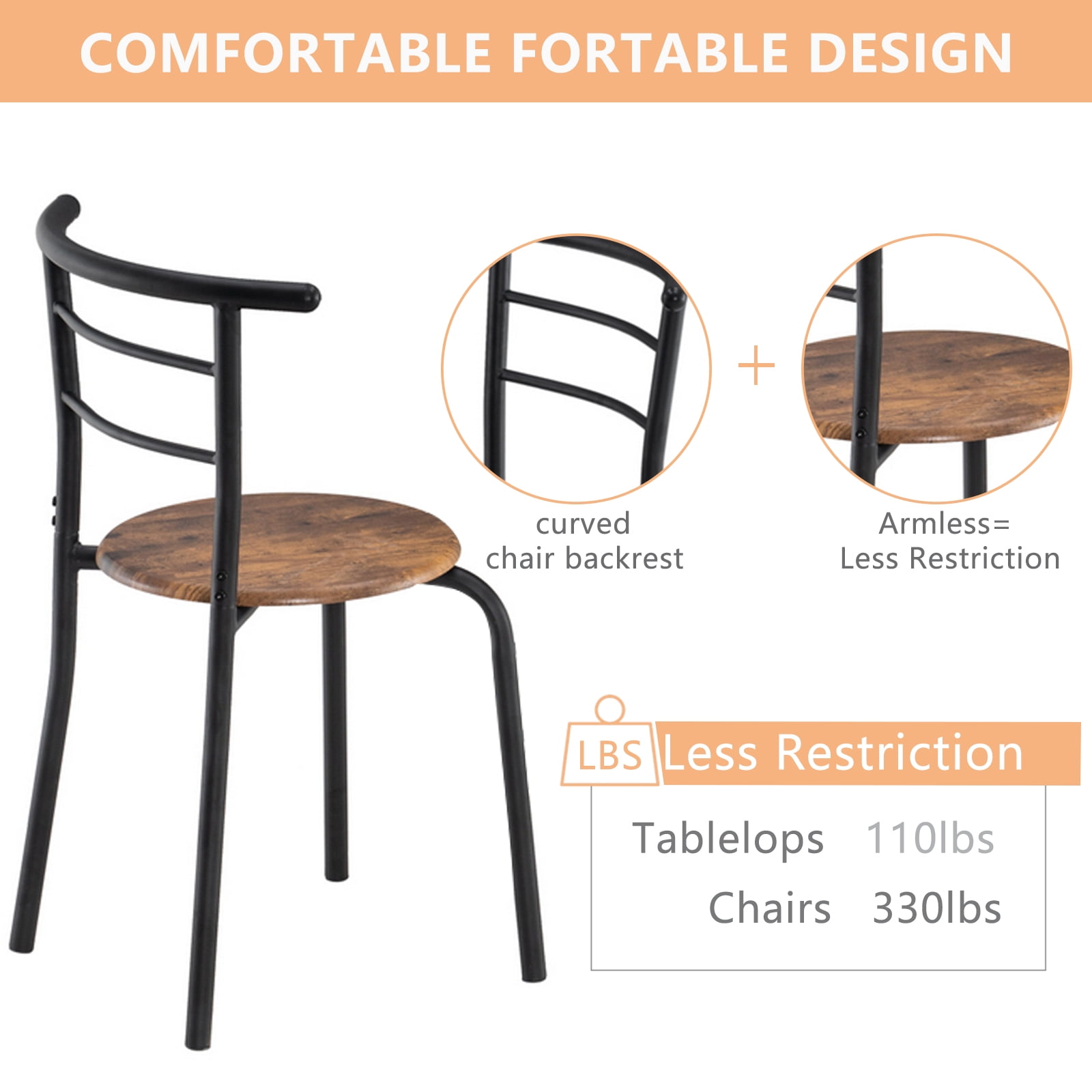 Fire Wood Black 3-Piece Breakfast Table Set with Two Chairs, 31 x 20.75 x 29.5 in