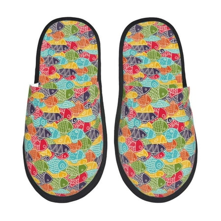 

Fuzoiu Colorful Fish 2 Print Unisex Furry Slippers Plush Indoor Shoes Trendy House Slippers Anti-Skid EVA Sole House Shoes for Home Office and Travel -Large