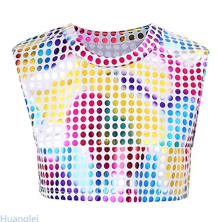 Huanglei Kids Cheerleading Top With Sequin Performance Vest For Dance Team And Preschool Activities Crew Neck Tops 7-10 years Multicolor