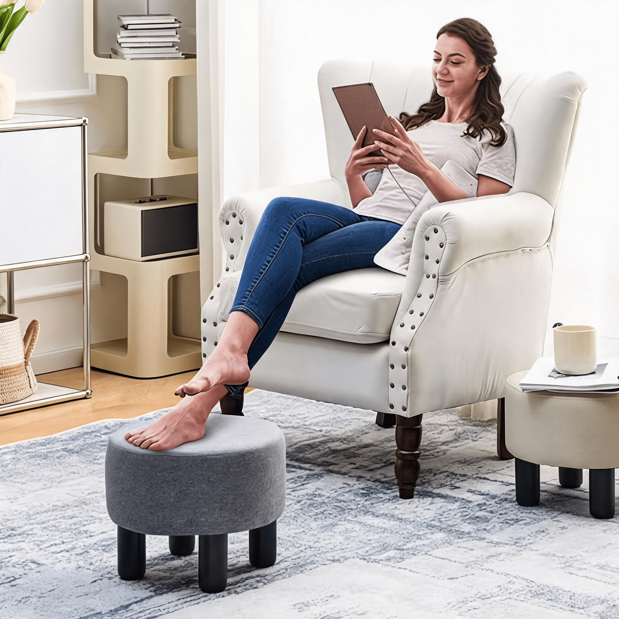 Round Linen Ottoman Foot Stool, Padded Footrest with Non-Skid Pine Legs, Soft Step Stool for Couch, Desk, Dorm, Office, Hallway Dark Grey