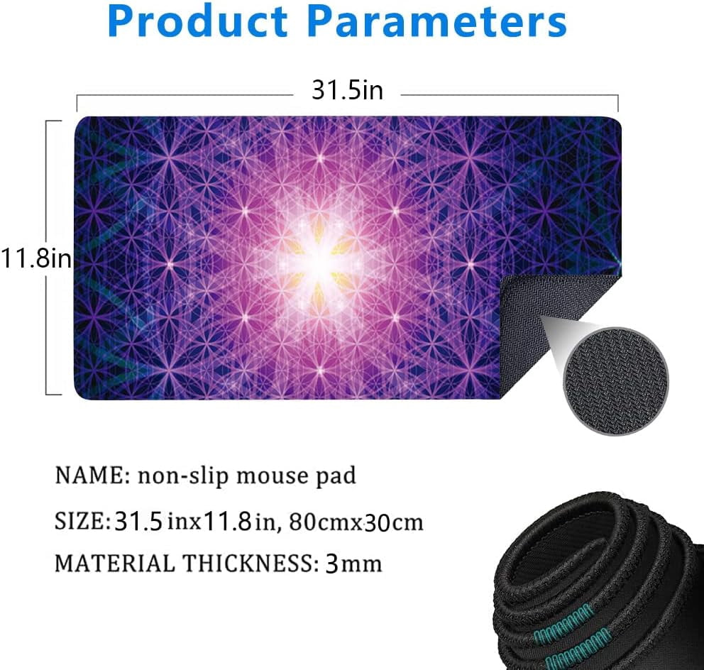 Large Mouse Pad,Sacred Geometry,Flower of Life Symbol Large XL Desk Mat Extended Waterproof Mouse Mat with Stitched Edges and Non-Slip Base for Office Gaming Home 31.5 X 11.8 Inch