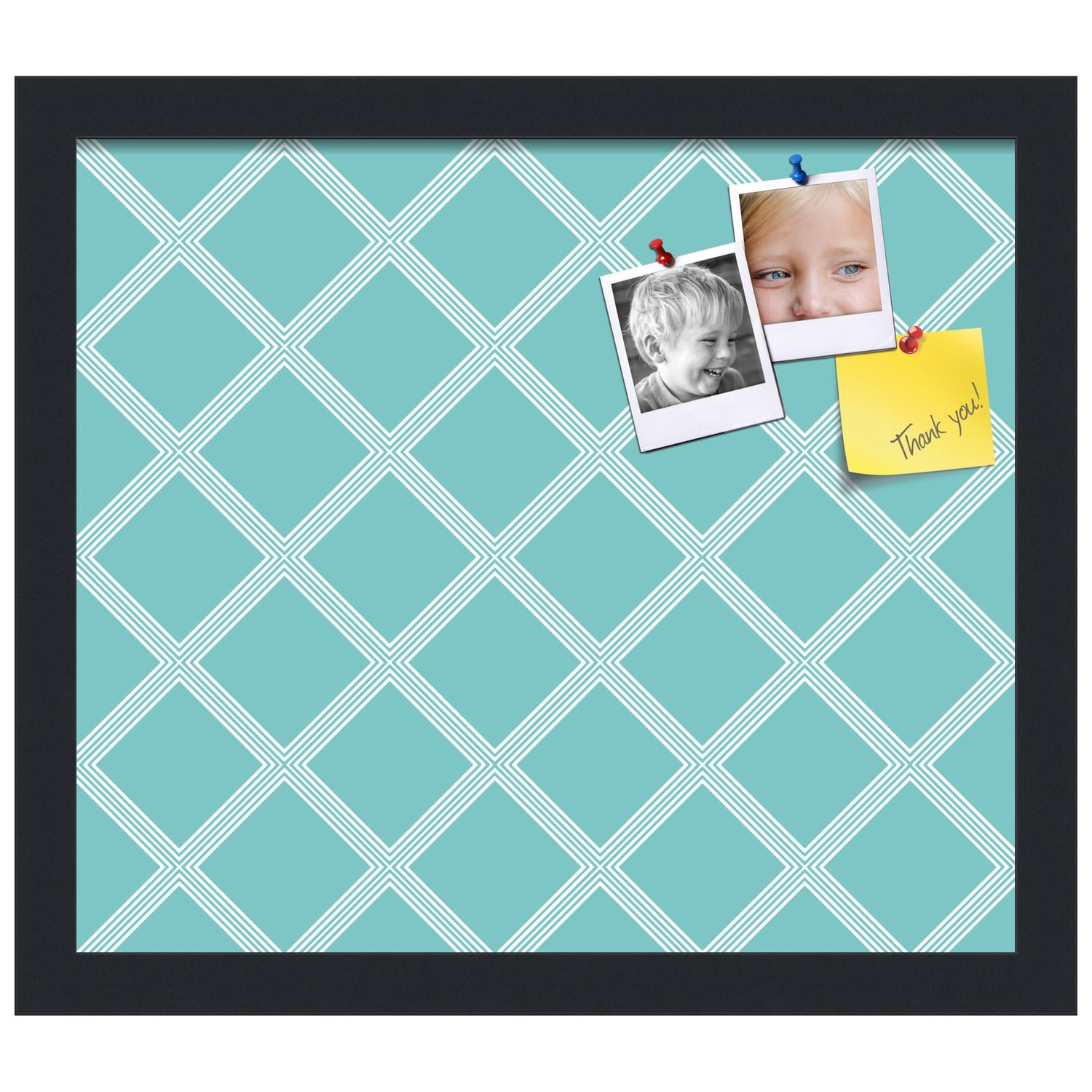PinPix 15x13 Custom Cork Bulletin Board Diamond Modern Pattern Aqua White Poster Board Has a Fabric Style Canvas Finish, Framed in Diamond Modern Pattern Aqua White, by ArtToFrames (PinPix-1799)