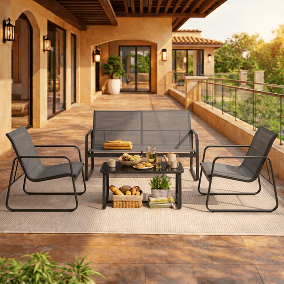 4-Piece All-Weather Steel Patio Conversation Set - Thick Cushioned Outdoor Sofa with Tempered Glass Coffee Table, Waterproof Backyard/Porch/Balcony/Poolside Furniture Beige